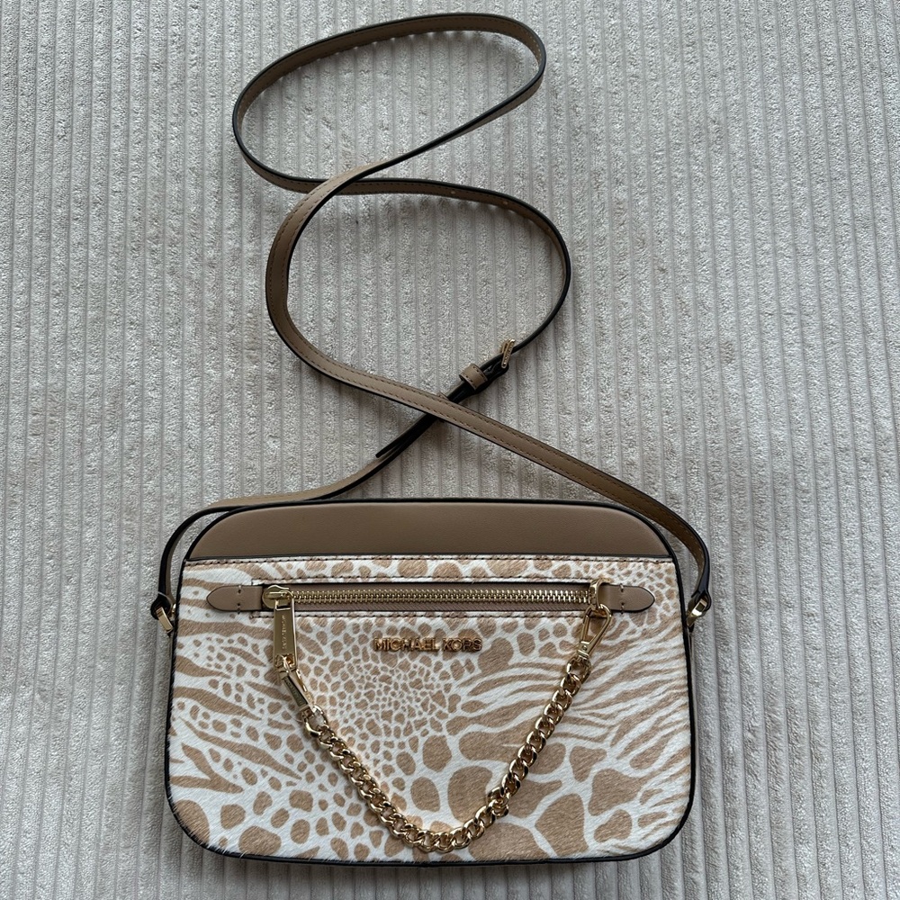 Michael Kors East West Camel Haircalf Zip Chain Crossbody
